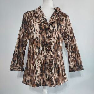 Harve Benard Button Down Shirt Womens Size XL Leopard Print Collared Stretch